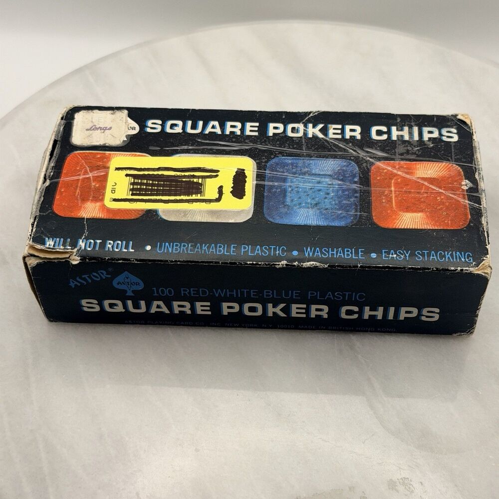 Vintage Astor Square Poker Chips 99 Red Blue Clear No Roll Original Box Hong Kon - Picture 8 of 14